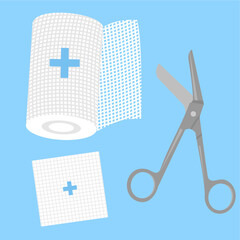 Wound care set includes several tools,
rolled bandage, gauze box, scissors,
used in doctor and emergency care,
flat medical design illustration.