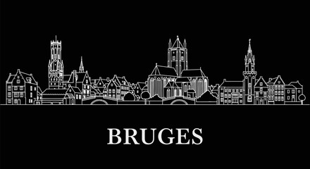 Fototapeta premium Bruges Skyline with Belgium Line Art, and Black Background.