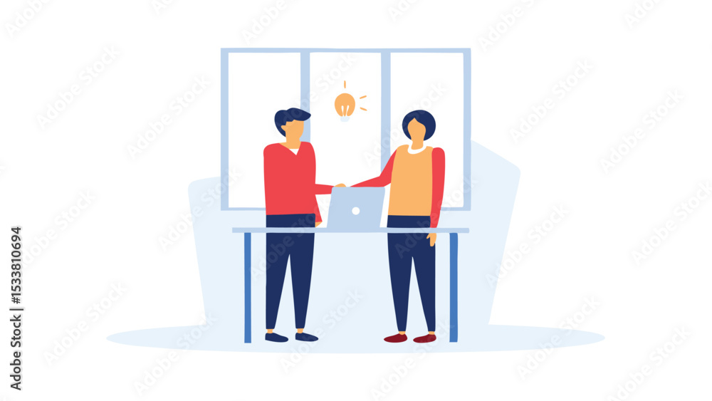 Poster two people standing at a desk with a laptop and a lightbulb above them in front of a window frame