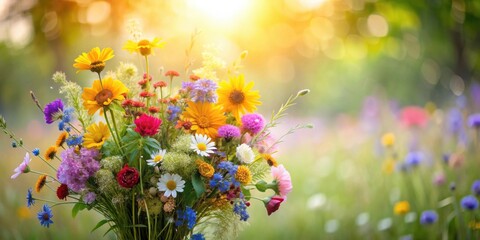 Vibrant Wildflower Bouquet in Sunny Meadow, a Colorful Summer Floral Arrangement