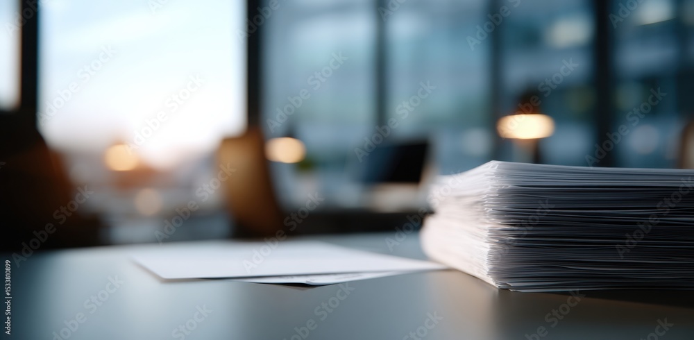 Poster close up of desk with large stack of papers and documents in office setting, with blurred background