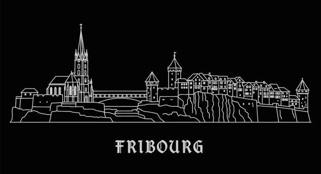 Fribourg Switzerland Skyline Outline White on Black.