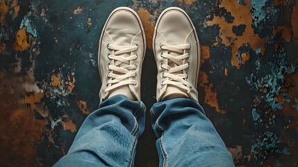 Cream Canvas Sneakers on Denim Legs Against Abstract Background Photo