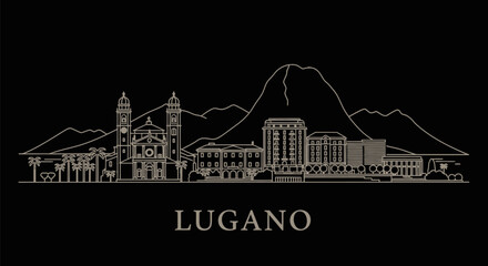 Fototapeta premium Lugano Skyline with Switzerland Line Art style.