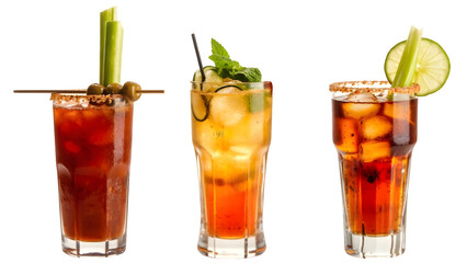 A bundle of Bloody Mary, Pimms cup, and Ceasar cocktail PNGs featuring a transparent isolated background.

