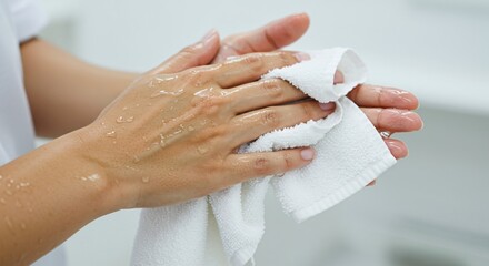 Clean hands drying with soft towel hygiene skincare wellness healthcare personal care