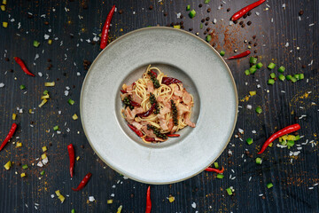 close up of a plate with pasta inside