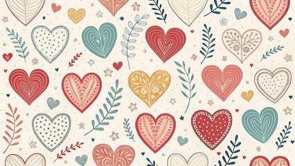 Hand drawn heart shape holiday background with abstract hearts. Seamless light pattern