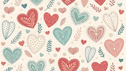 Hand drawn heart shape holiday background with abstract hearts. Seamless light pattern