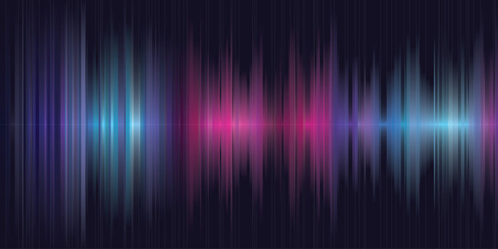 Abstract colorful bright rays and sound waves on dark blue background graphic illustration.