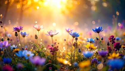 Iridescent wildflowers clustered in shallow depth, refracting jewel-toned hues beneath misty golden morning light