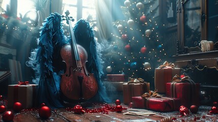 A Magical Christmas Scene filled with Cello Music and Beautiful Festive Decorations Galore