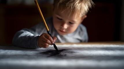 A child practicing calligraphy with a brush pen