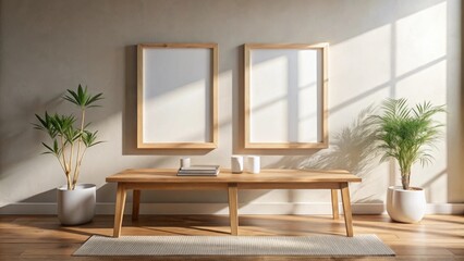 Minimalist interior design with wooden furniture and potted plants, featuring two blank picture frames