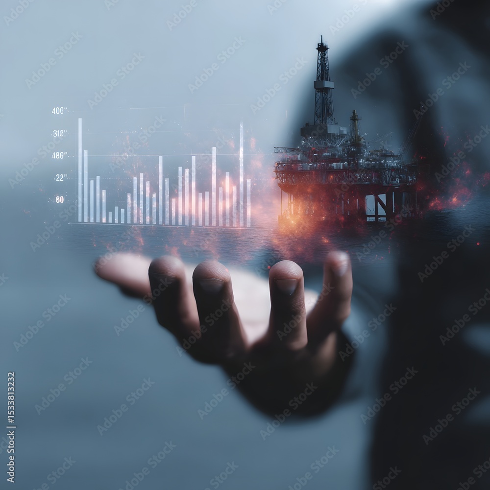 Poster holographic dashboard displaying real time oil rig performance data