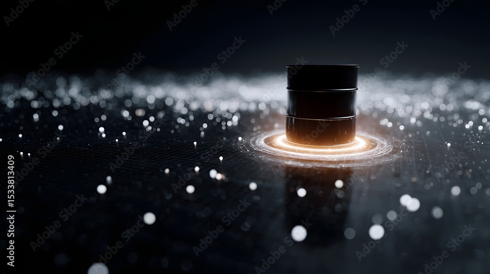 Poster hovering oil barrel over virtual refinery with data nodes orbiting