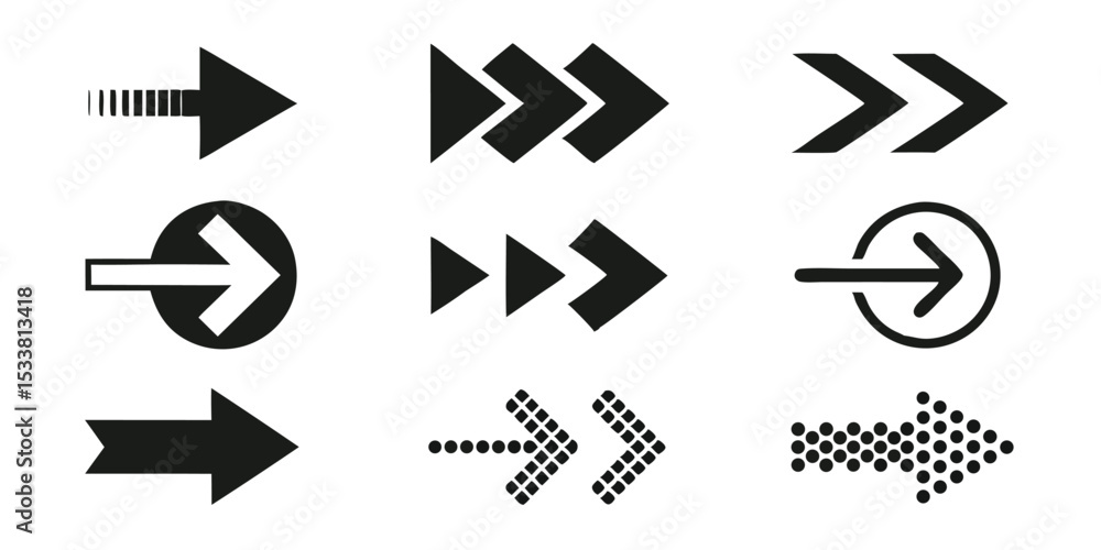 Poster collection of nine black arrows pointing to the right with different styles and designs on a white b