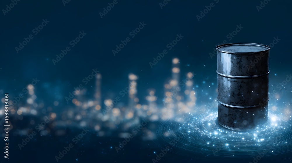 Poster oil barrel hovering over virtual refinery with data nodes orbiting