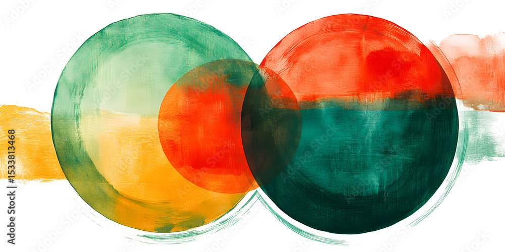 Poster watercolor abstract circles in vibrant green red and orange showcasing a playful interplay of color 