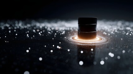 Hovering oil barrel over virtual refinery with data nodes orbiting