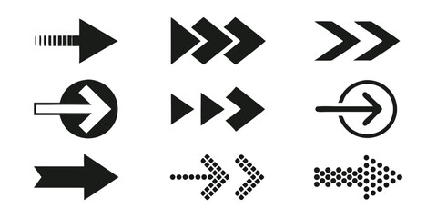 Collection of nine black arrows pointing to the right with different styles and designs on a white background