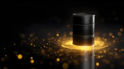 Hovering oil barrel over virtual refinery with data nodes orbiting