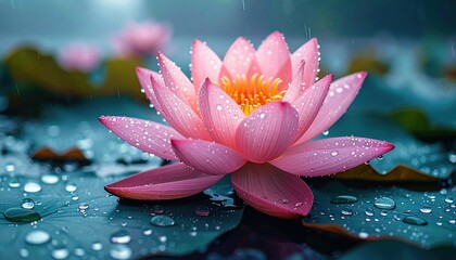 Rain-kissed pink lotus flower in tranquil water garden setting with dew drops