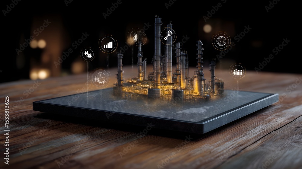 Poster digital twin of a refinery with monitoring icons floating above a table