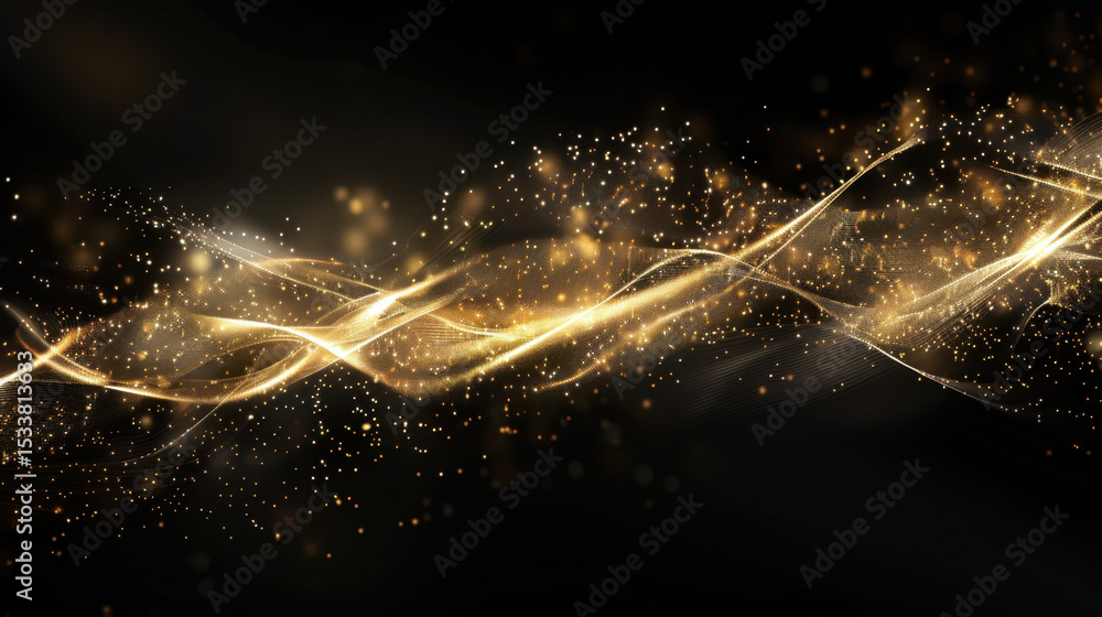 Poster Mesmerizing display of flowing golden threads and sparkling particles creates captivating visual effect against dark background, evoking sense of elegance and wonder
