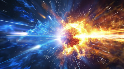 Bright explosion of colorful light beams in radial pattern, showcasing vibrant blue and orange hues, creating dynamic cosmic scene filled with energy and motion
