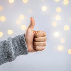 A hand giving a thumbs-up with bokeh lights in background