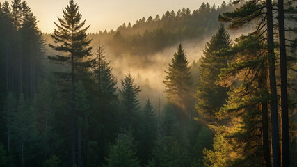 Golden Dawn in a Serene Pine Forest with Morning Mist