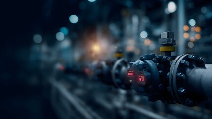 A high tech refinery control interface with blinking valves and flow rate meters