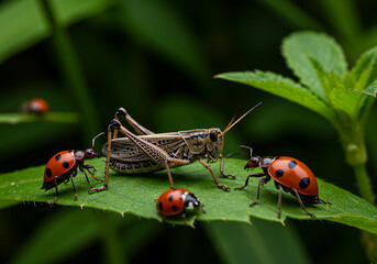Vibrant Macro: Grasshopper and Ladybugs Coexisting on a Lush Green Leaf