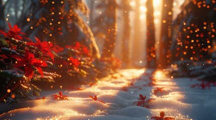 Enchanting winter pathway adorned with glowing poinsettias and seasonal decorations