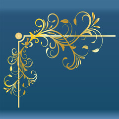 Luxurious golden ornamental corner design with floral swirls on a deep blue gradient background. Perfect for invitations, cards, and branding.
