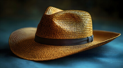 Golden Straw Cowboy Hat Realistic Photo, Detailed Woven Texture, Summer Fashion Accessory
