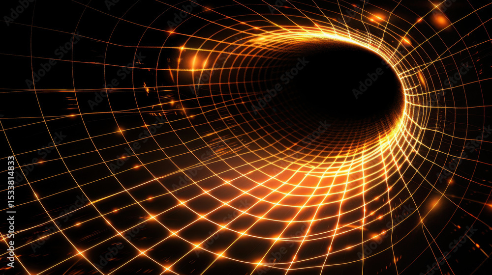 Poster mesmerizing curved grid pattern in perspective, glowing softly with warm orange and yellow hues, cre