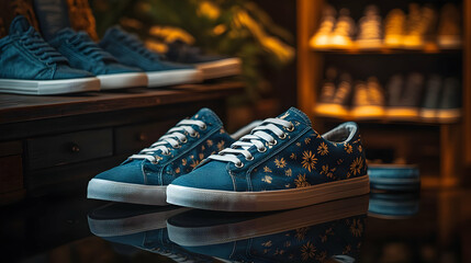 Floral Canvas Sneakers Product Photography Dark Background Shoes Illustration