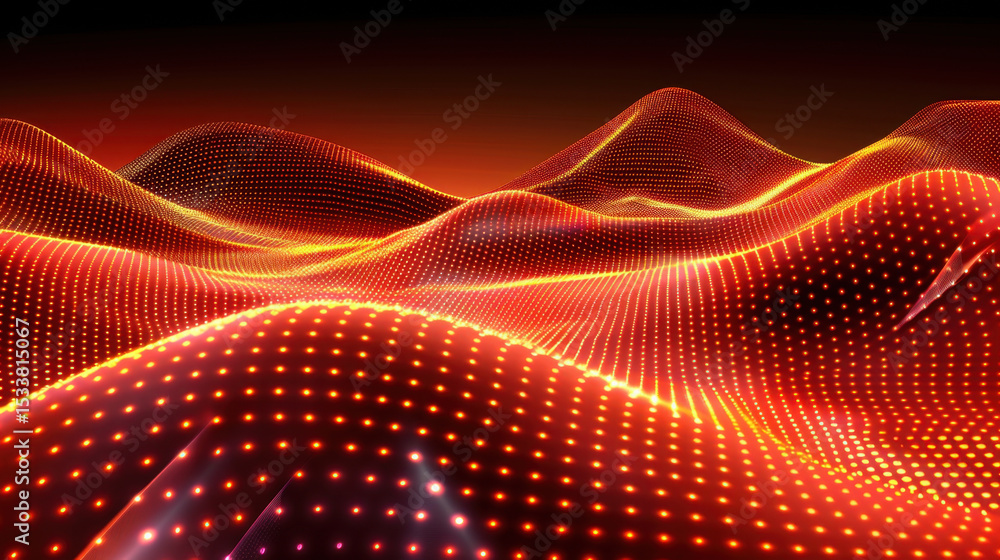 Poster digital landscape with glowing red and orange waves, featuring matrix of illuminated dots creating v