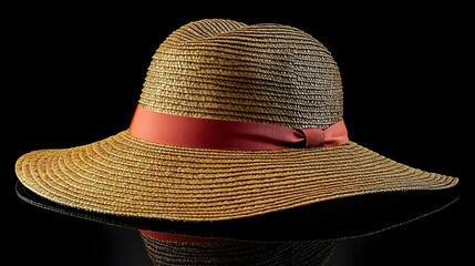 Elegant Straw Boater Hat with Coral Ribbon - 3D Render