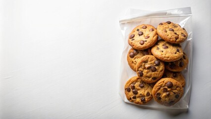 A stack of delicious chocolate chip cookies in a clear resealable bag on a white surface
