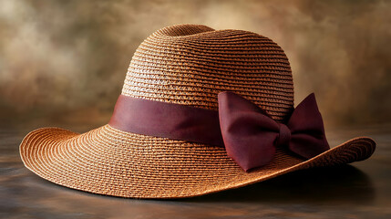 Elegant Brown Straw Hat with Burgundy Bow - Realistic Product Image