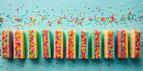 A vibrant row of colorful layered sweet treats, generously sprinkled with tiny candies, arranged on a pastel background.