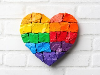 A heart shape painted in rainbow colors on a brick wall