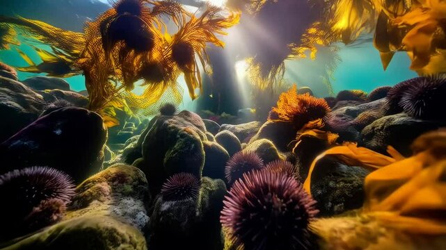 Underwater kelp forest with sunbeams, rocks, and sea urchins in a vibrant, shallow marine environment teeming with life, providing a unique ecosystem