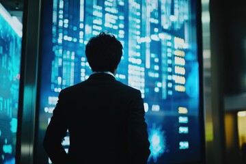 A businessman in a suit standing in front of a large digital stock market display