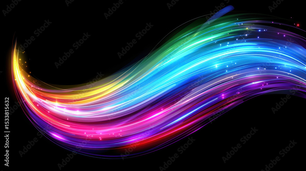 Poster dynamic brush strokes of color in modern style create vibrant wave of light, showcasing spectrum of 