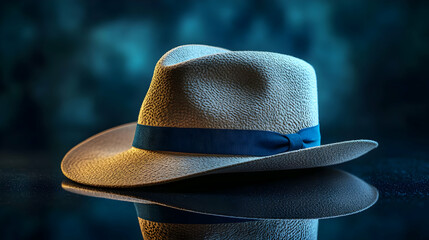 Stylish Beige Fedora Hat with Blue Ribbon - 3D Render Illustration