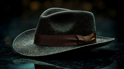 Dark Green Textured Fedora Hat with Brown Ribbon - Realistic Image